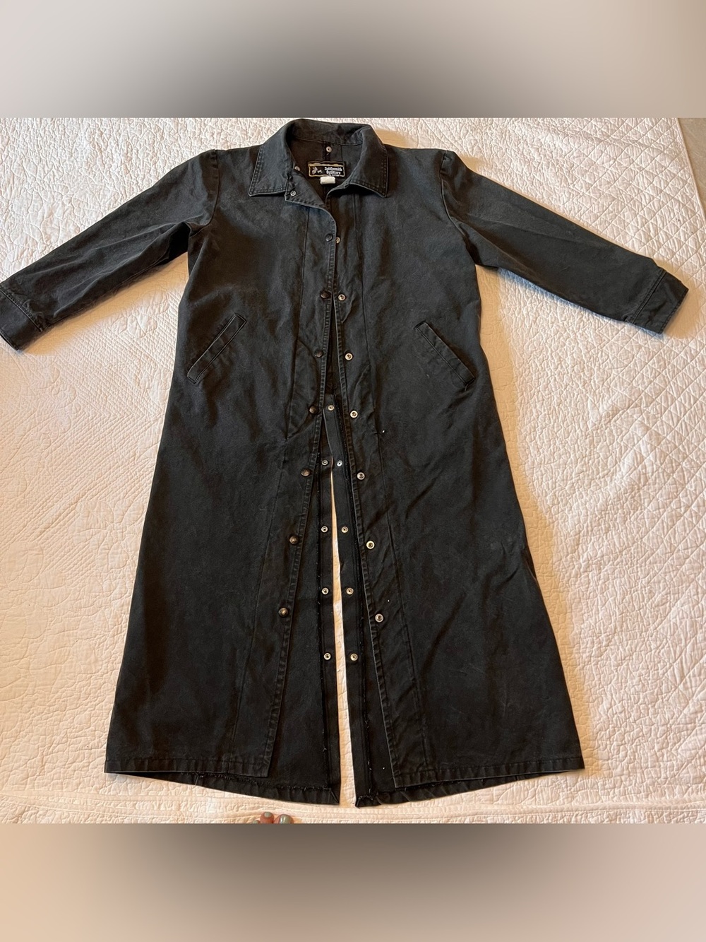 VTG Saddlesmith Outfitters by Action Thick black Denim Duster Ranch Coat, Sz S